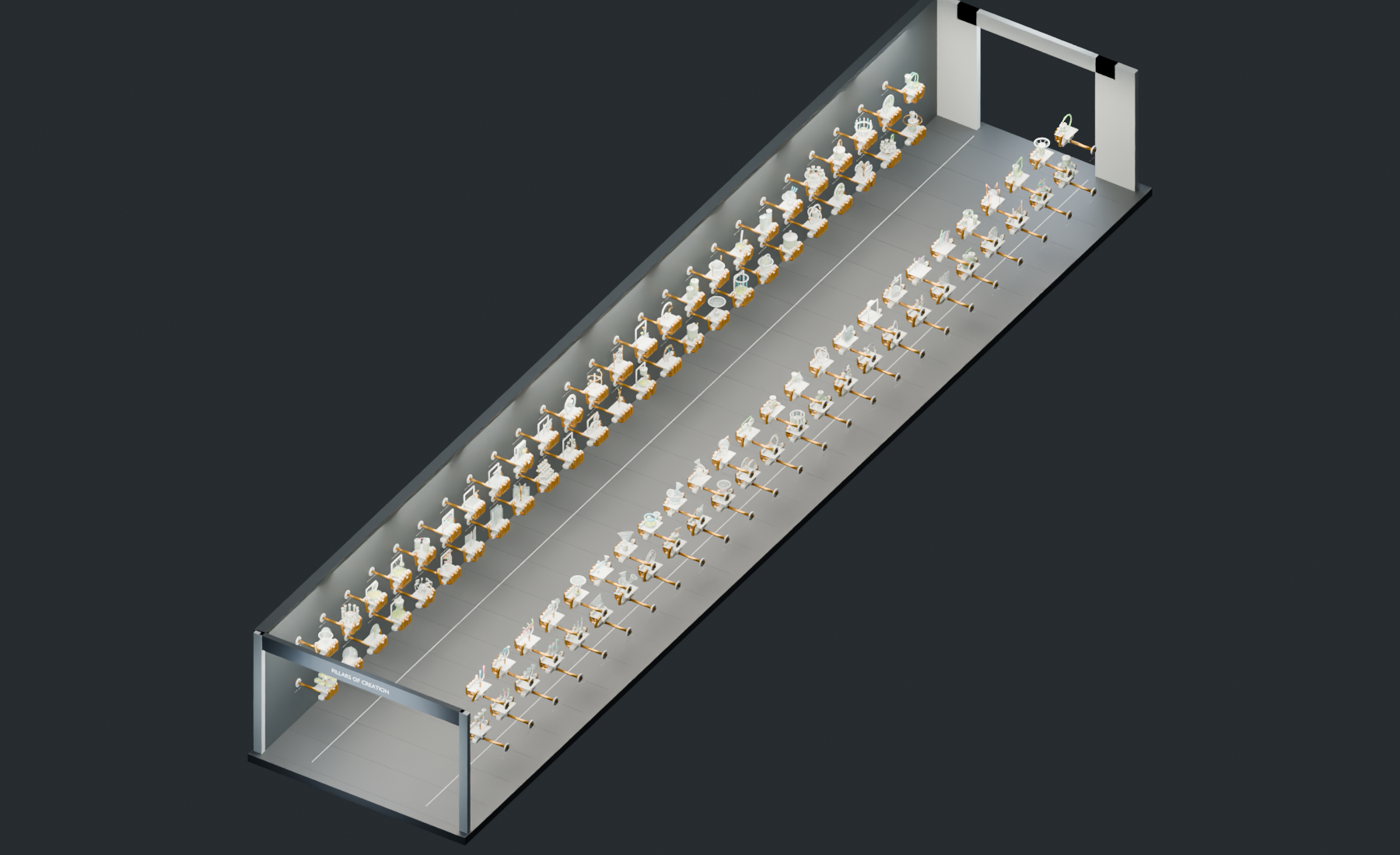 Cutaway overview of the full hallway installation with 50 hands on each wall.