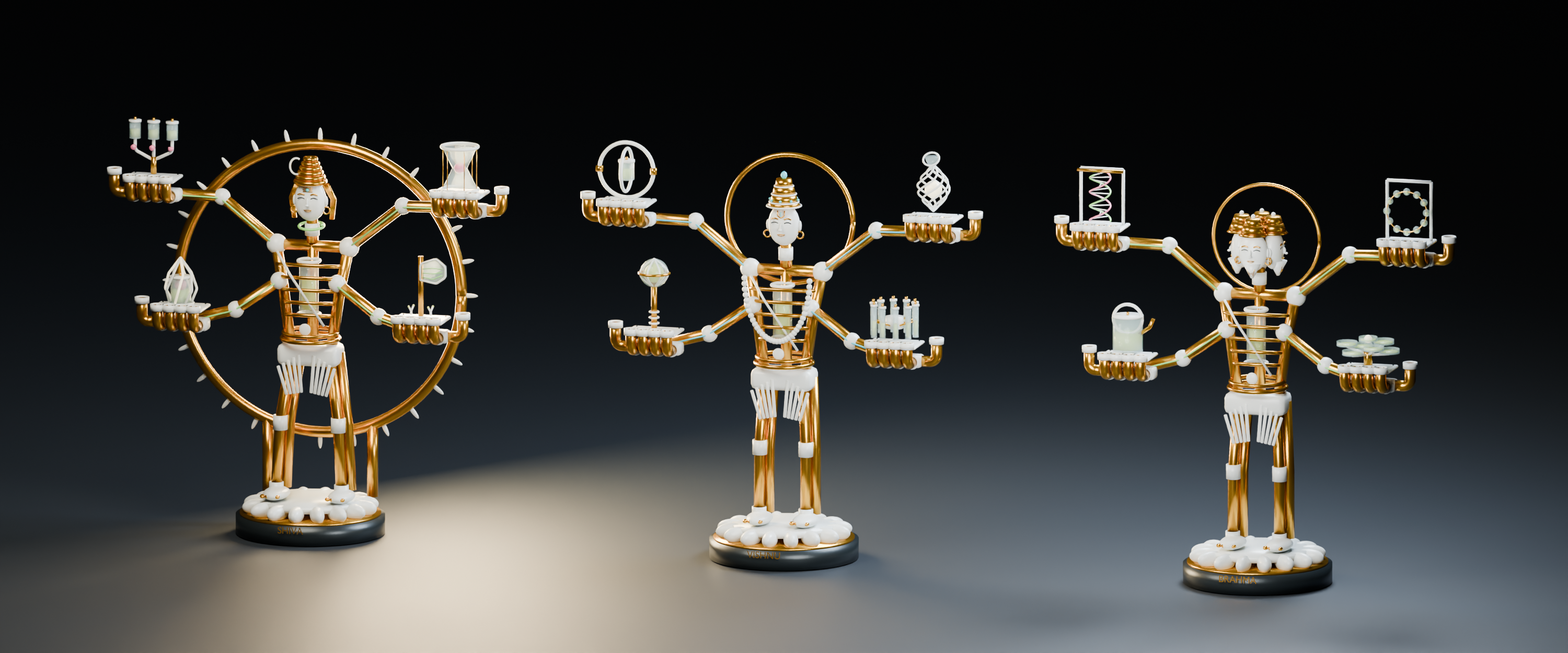 Shiva, Vishnu and Brahma together as gold pipe sculptures with four hands each.